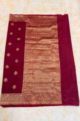 HOV Handloom Banarasi Katan Silk Saree - Butidar Kadhua - Deep Brown Minakari Green Pink- 061