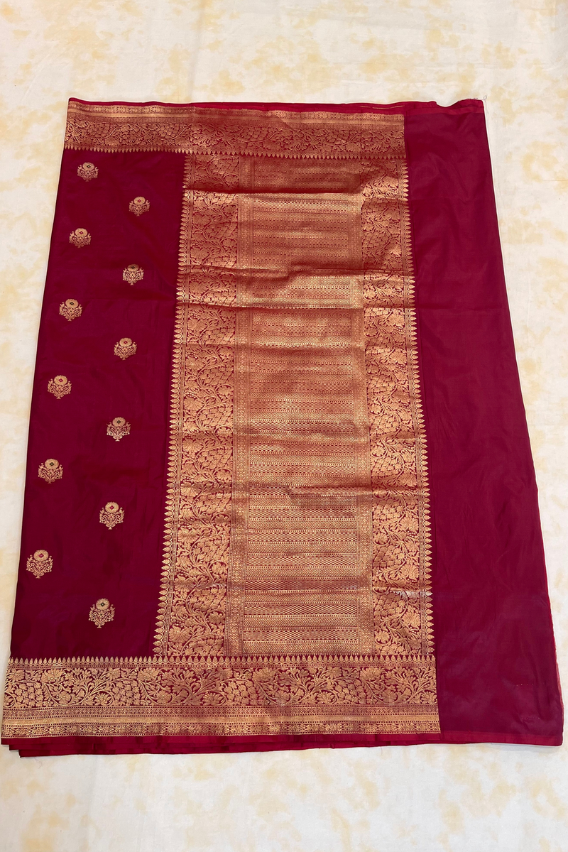 HOV Handloom Banarasi Katan Silk Saree - Butidar Kadhua - Deep Brown Minakari Green Pink- 061