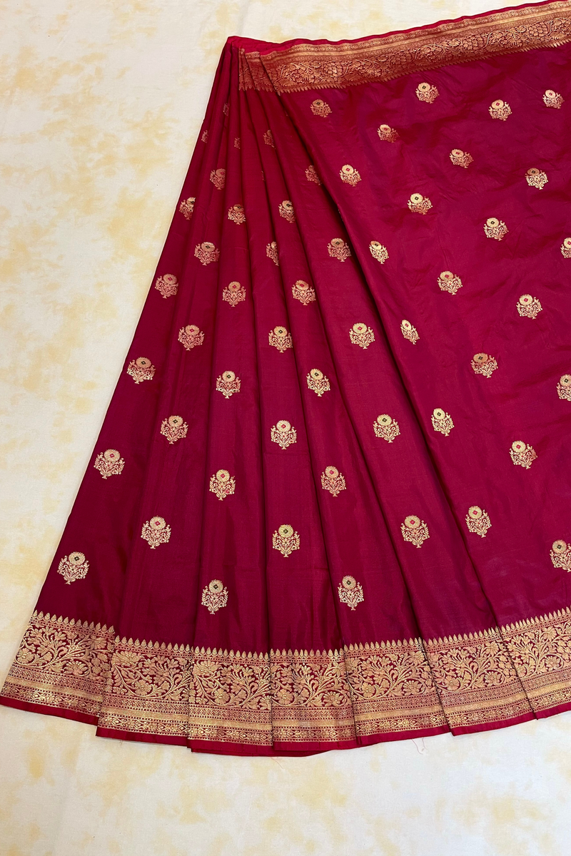 HOV Handloom Banarasi Katan Silk Saree - Butidar Kadhua - Deep Brown Minakari Green Pink- 061