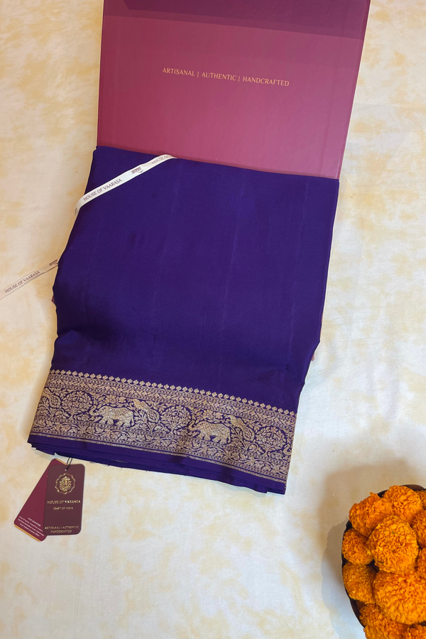 HOV Handloom Banarasi Crepe Silk Saree - Plain Body With Border - Dark Blue- 072
