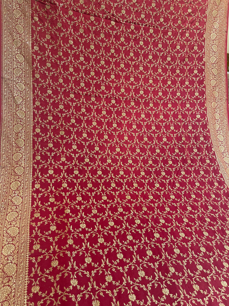 Handloom Fekua Banarasi Crepe Silk Saree -Jaal - Deep Red