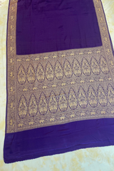 HOV Handloom Banarasi Crepe Silk Saree - Plain Body With Border - Dark Blue- 072