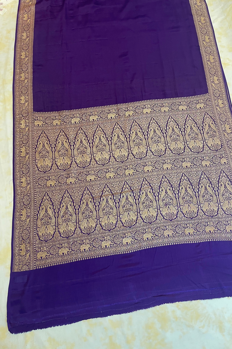 HOV Handloom Banarasi Crepe Silk Saree - Plain Body With Border - Dark Blue- 072
