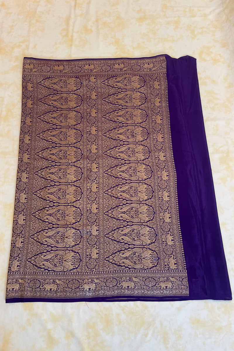 HOV Handloom Banarasi Crepe Silk Saree - Plain Body With Border - Dark Blue- 072