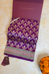 HOV Handloom Pure Zari Banarasi Katan Silk Saree - Jaangla - Purple Green All Over Design - 082
