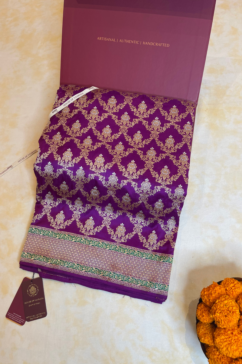 HOV Handloom Pure Zari Banarasi Katan Silk Saree - Jaangla - Purple Green All Over Design - 082