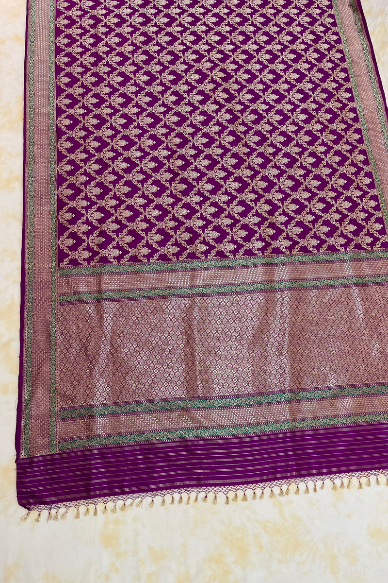 HOV Handloom Pure Zari Banarasi Katan Silk Saree - Jaangla - Purple Green All Over Design - 082