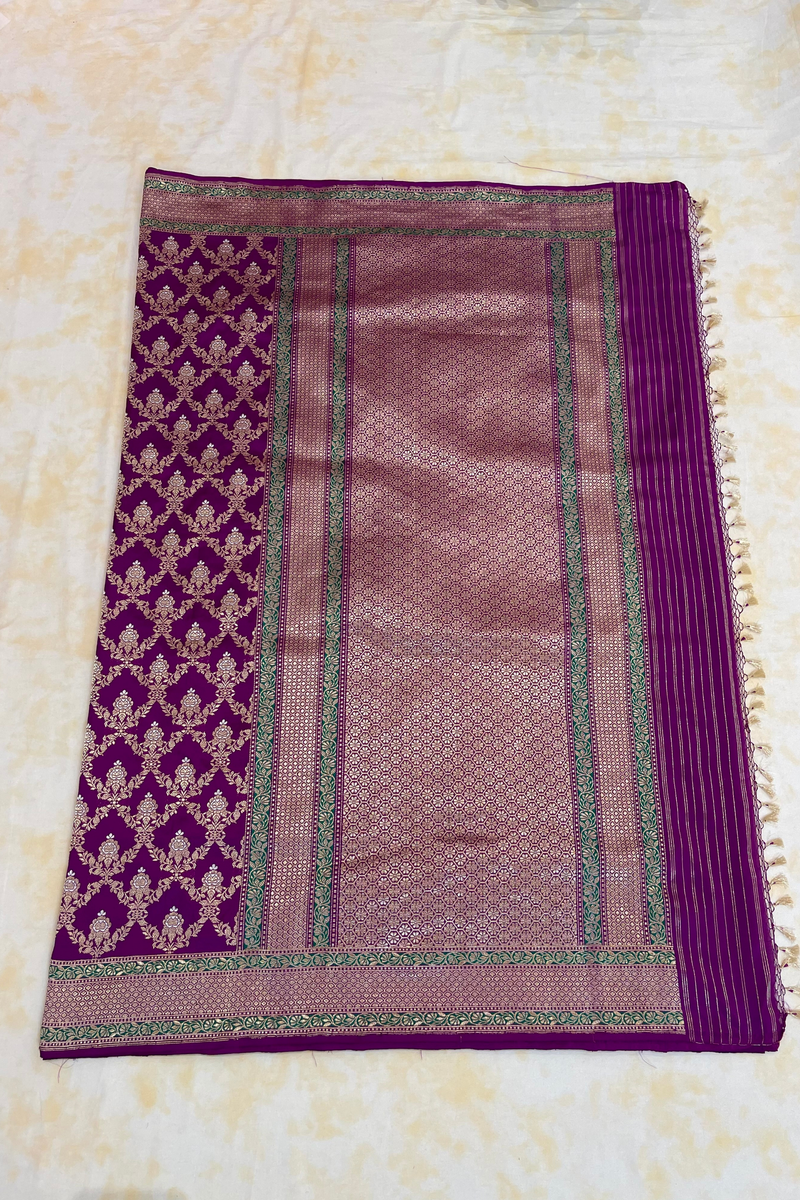 HOV Handloom Pure Zari Banarasi Katan Silk Saree - Jaangla - Purple Green All Over Design - 082