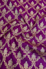 HOV Handloom Pure Zari Banarasi Katan Silk Saree - Jaangla - Purple Green All Over Design - 082