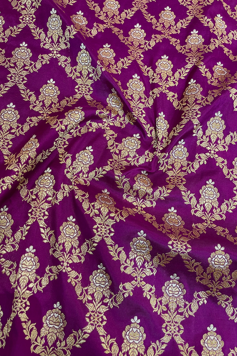 HOV Handloom Pure Zari Banarasi Katan Silk Saree - Jaangla - Purple Green All Over Design - 082