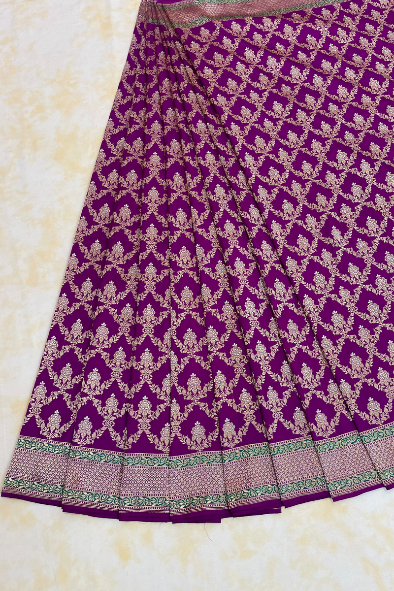 HOV Handloom Pure Zari Banarasi Katan Silk Saree - Jaangla - Purple Green All Over Design - 082