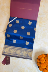 HOV Handloom Banarasi Katan Silk Saree - Butidar - Paisley Buta Blue Gold Border - 099