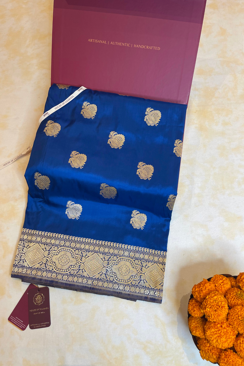 HOV Handloom Banarasi Katan Silk Saree - Butidar - Paisley Buta Blue Gold Border - 099