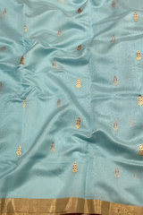 Handloom Silk Cotton Chanderi Saree - Marigold Buta - Light Blue