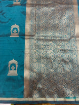 Handloom Kadhua Banarasi Silk Saree - Butidar Jharokha - Peacock Green