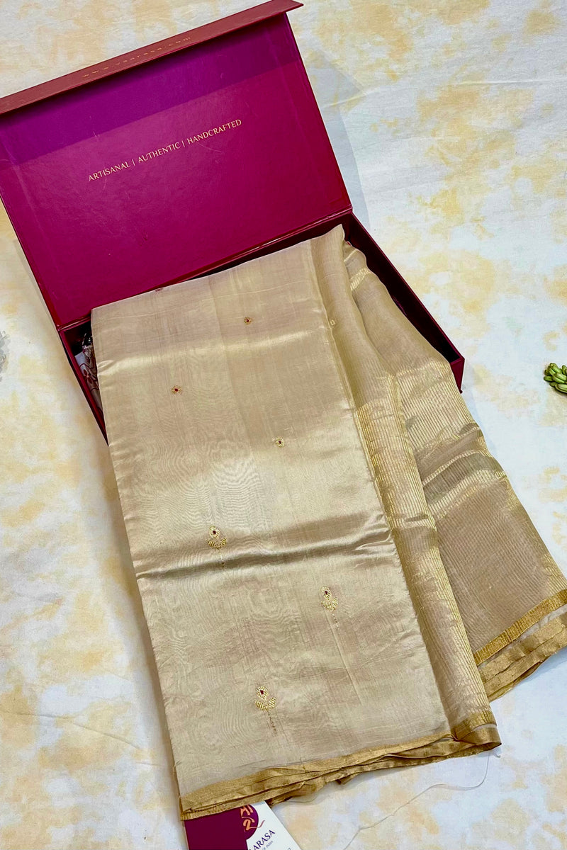 Handlooom Chanderi Silk Saree - Mini Round Buta With Red Mina - Gold