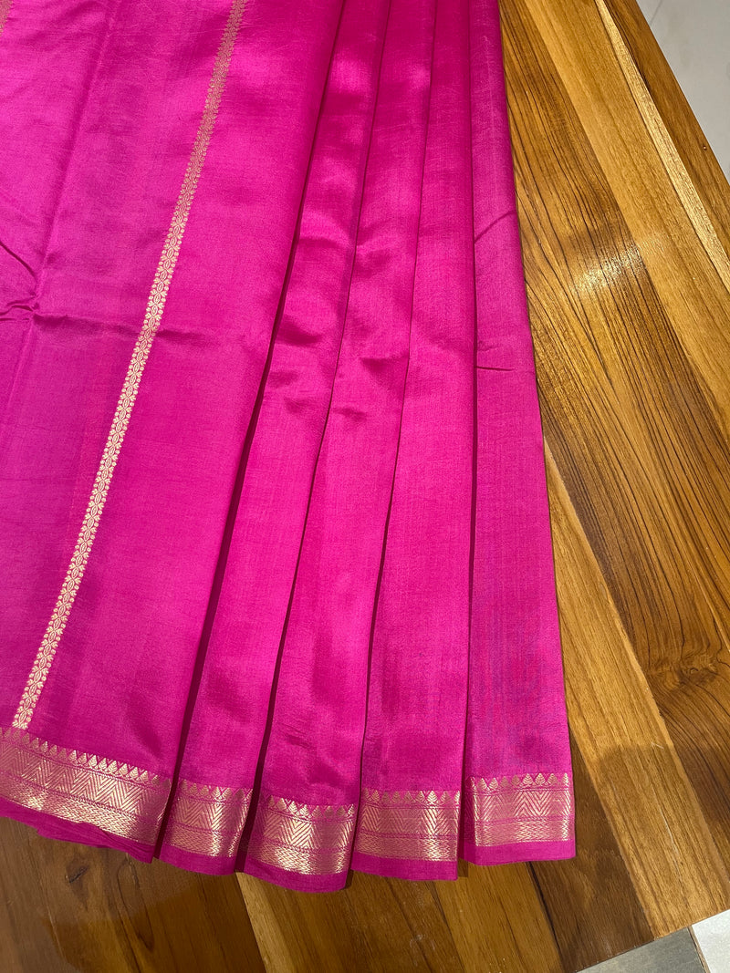 Handloom Kadhua Banarasi Silk Saree -Floral Stripe - Rani Pink