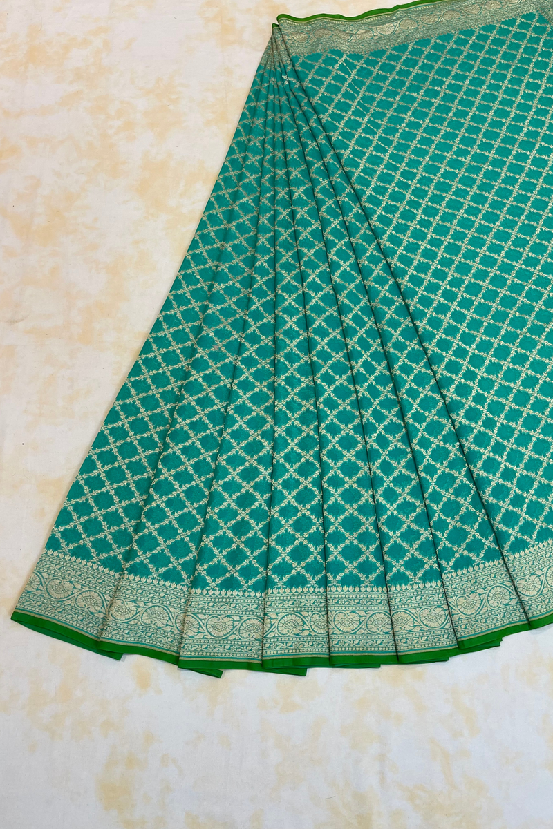 HOV Handloom Banarasi Georgette Silk Saree - All Over Jaali Design Light Green - 080