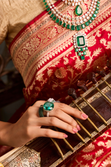 HOV EXCLUSIVE REAL ZARI HANDLOOM BANASARI KATAN SILK SAREE - JAANGLA BEL DESIGN - RED - 119