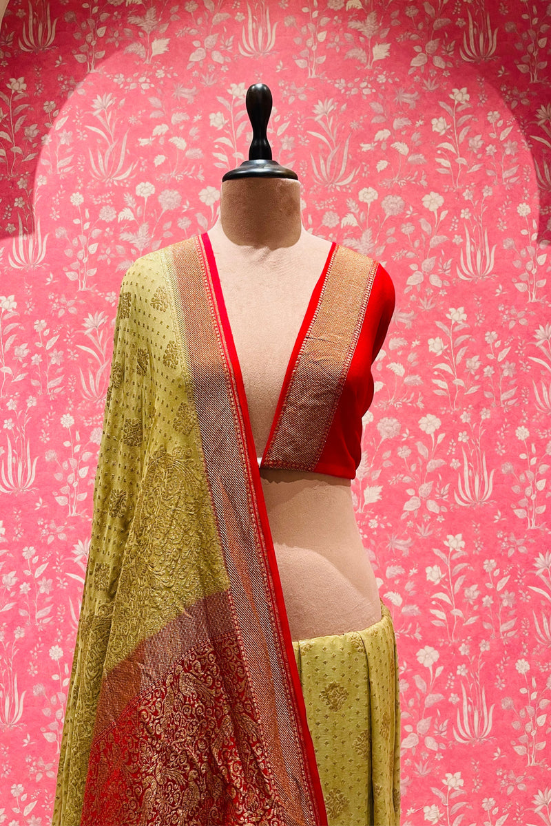 Handloom Georgette Banarasi Silk Saree - Butidar - Beige Red