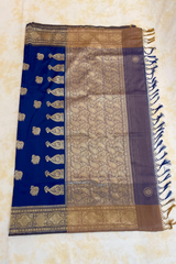 HOV Handloom Banarasi Katan Silk Saree - Butidar - Paisley Buta Blue Gold Border - 099