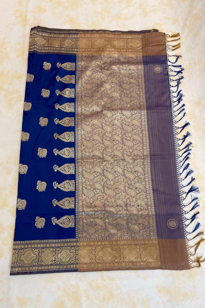 HOV Handloom Banarasi Katan Silk Saree - Butidar - Paisley Buta Blue Gold Border - 099