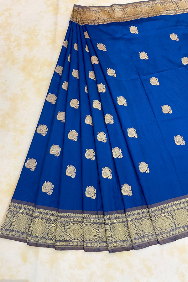 HOV Handloom Banarasi Katan Silk Saree - Butidar - Paisley Buta Blue Gold Border - 099
