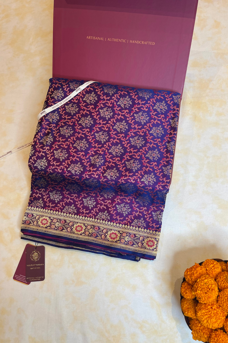 HOV Exclusive Pure Zari Handloom Banarasi Saree - Jaangla Purple - 033