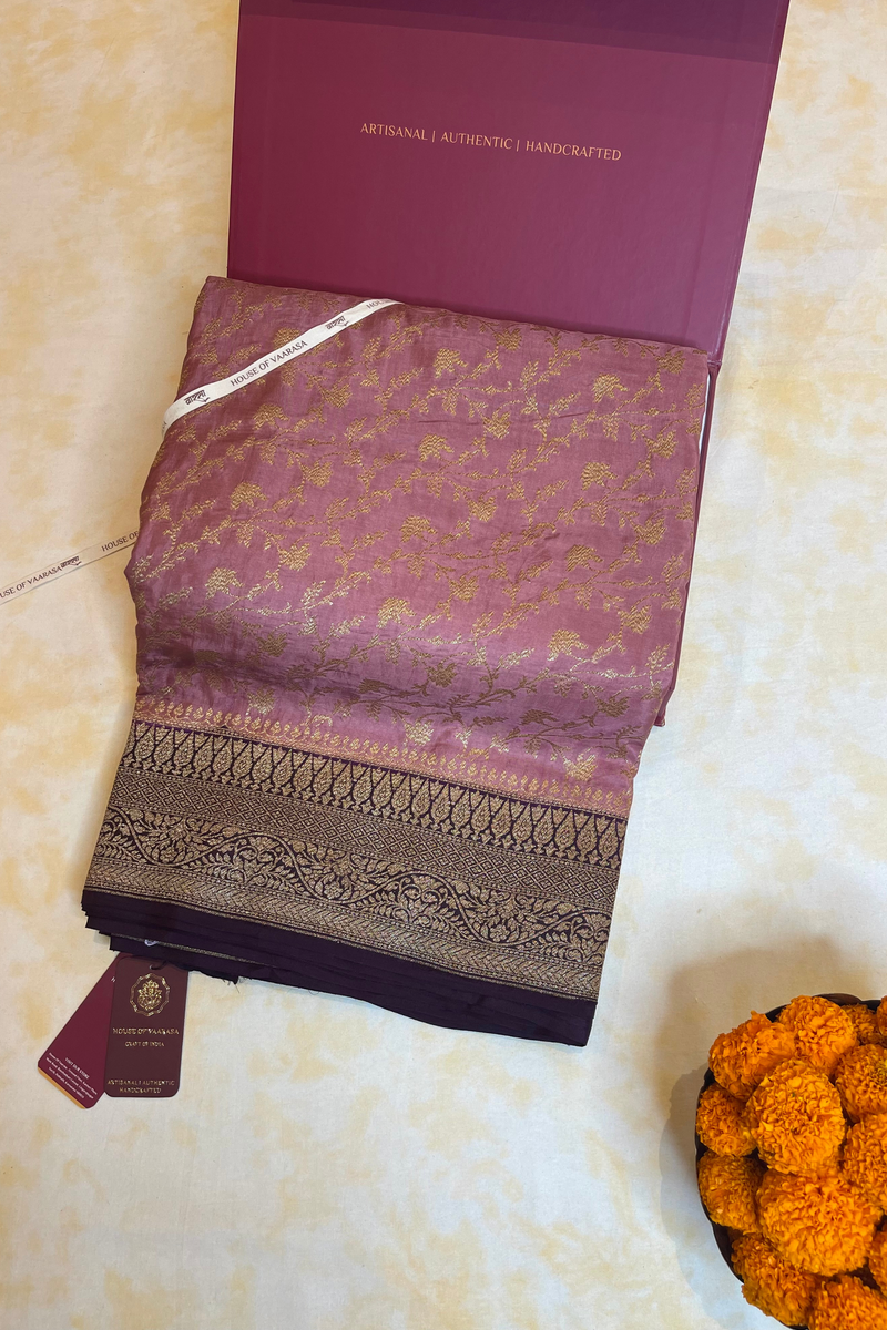 HOV Handloom Banarasi Katan Silk Saree - Jaangla - Light Pink & Dark Purple All Over Design - 067