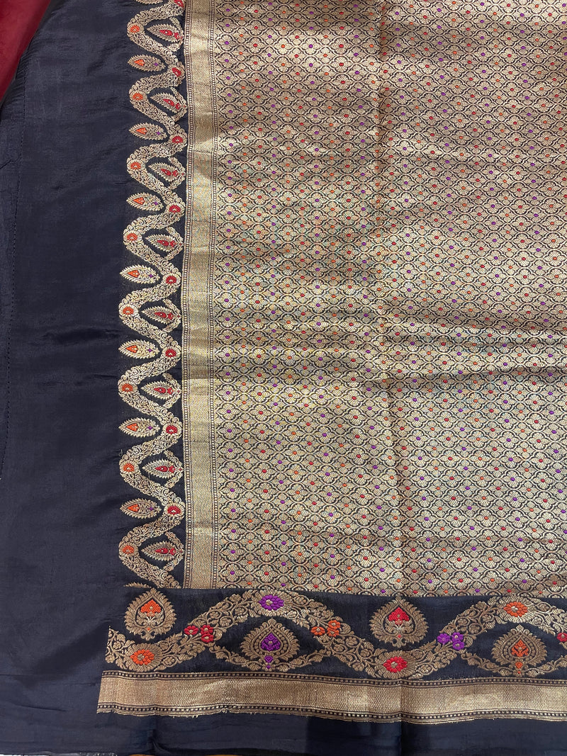 Handloom Kadhua Banarasi Silk Saree - Scallop Border Minedar - Black