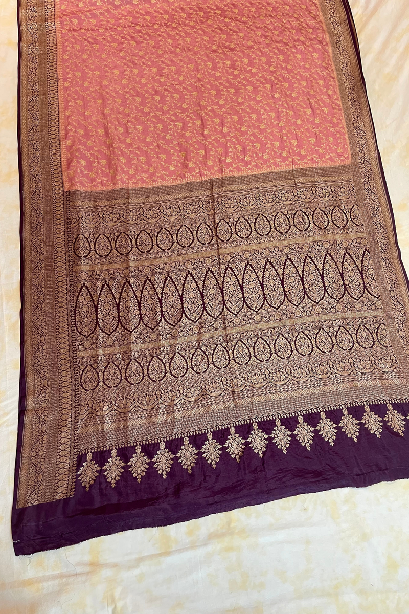 HOV Handloom Banarasi Katan Silk Saree - Jaangla - Light Pink & Dark Purple All Over Design - 067