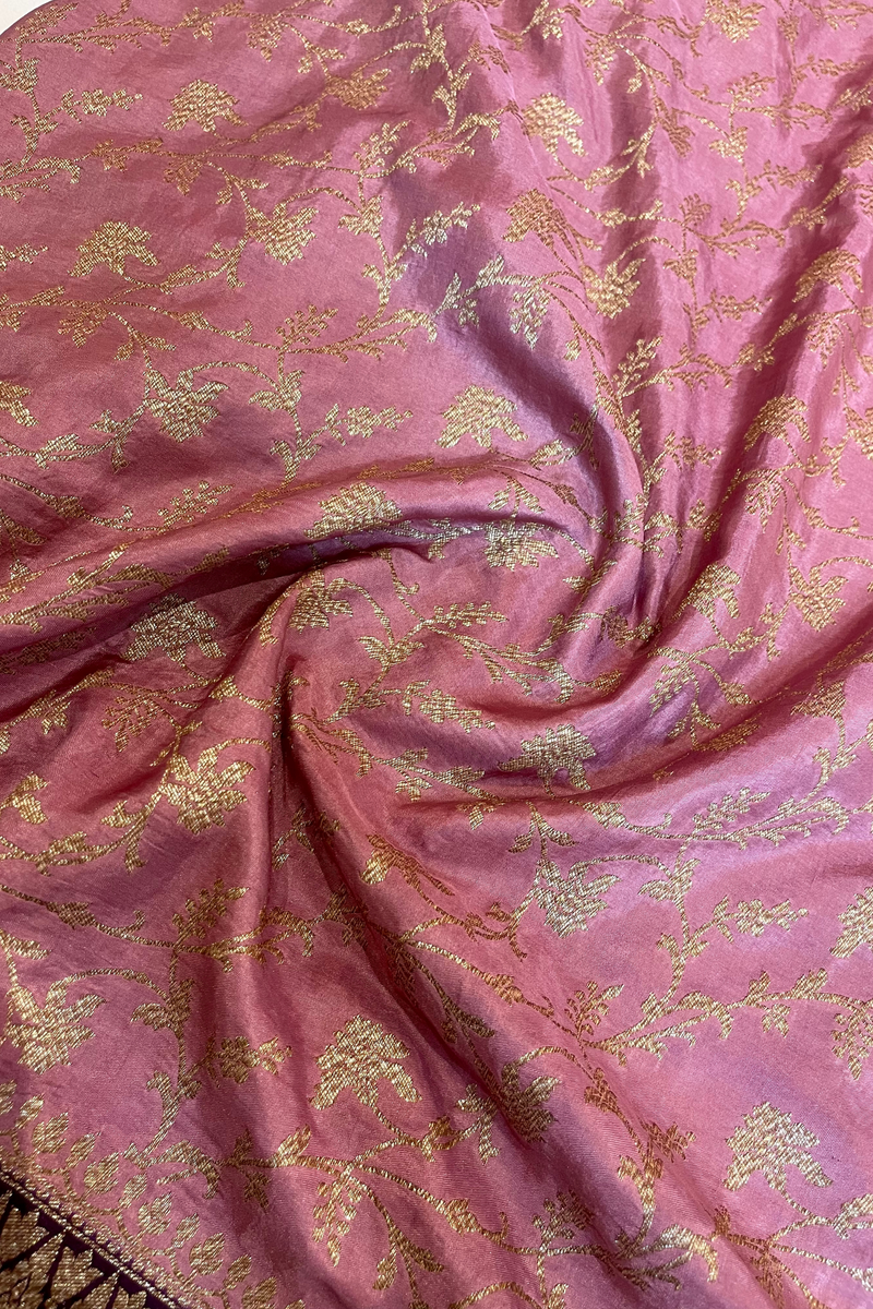 HOV Handloom Banarasi Katan Silk Saree - Jaangla - Light Pink & Dark Purple All Over Design - 067