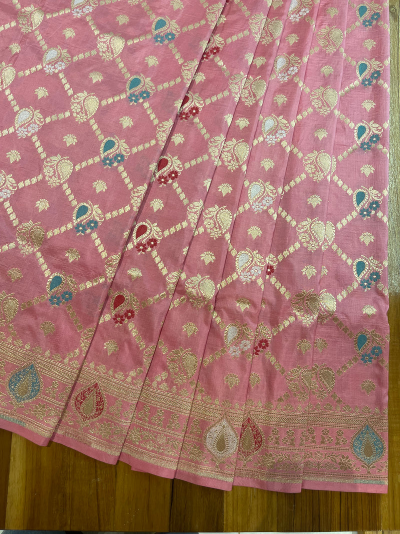 Handloom Kadhua Banarasi Silk Saree - Jaal Minedar - Aboli Pink