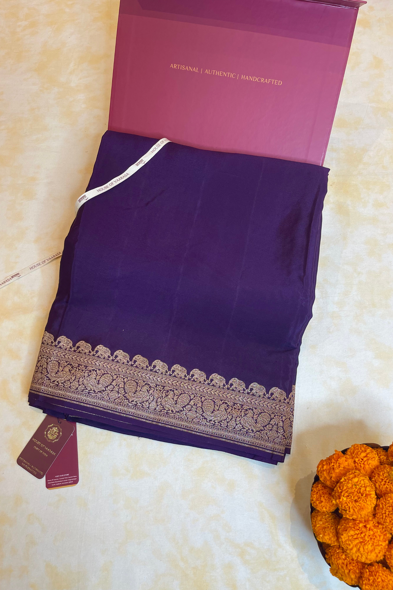 HOV Handloom Banarasi Crepe Silk Saree - Plain Body With Border -Light Purple - 071