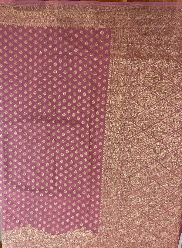 Handloom Fekua Banarasi Khaddi Georgette Silk Saree - Butidar - Old Rose Pink