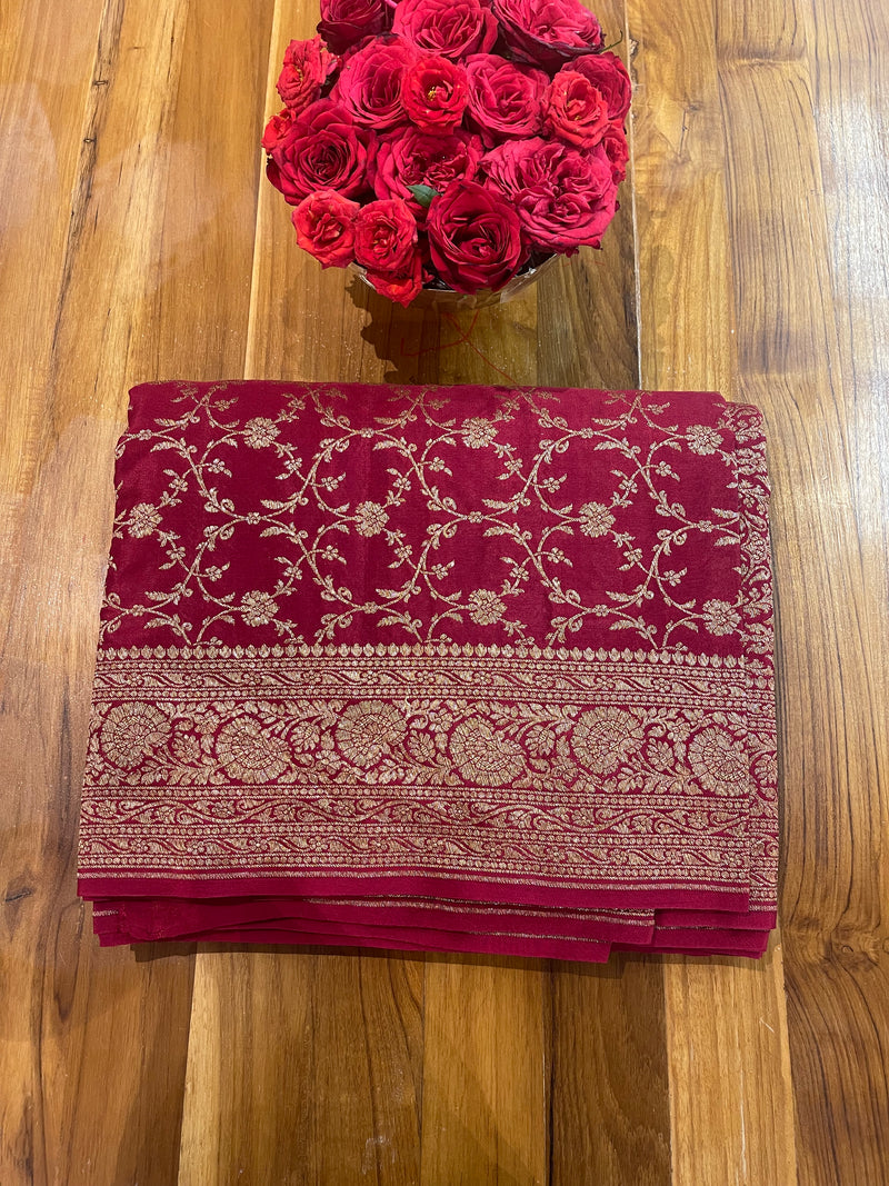 Handloom Fekua Banarasi Crepe Silk Saree -Jaal - Deep Red