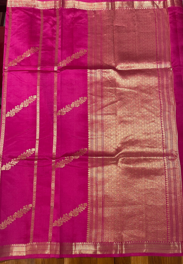 Handloom Kadhua Banarasi Silk Saree -Floral Stripe - Rani Pink