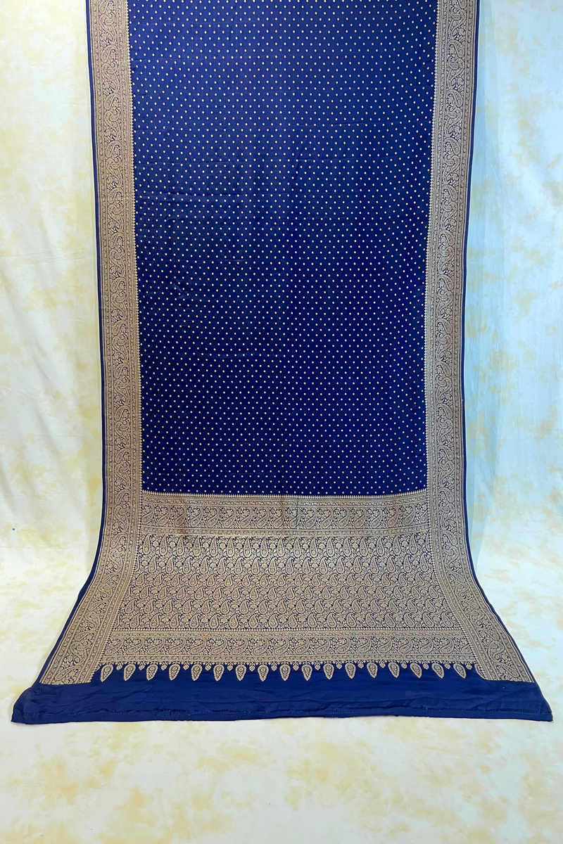 HOV Handloom Banarasi Crepe Silk Saree - Butidar All Over - Dark Blue - 075