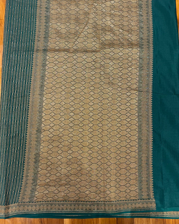 Handloom Fekua Banarasi Khaddi Georgette Silk Saree - Striped - Green