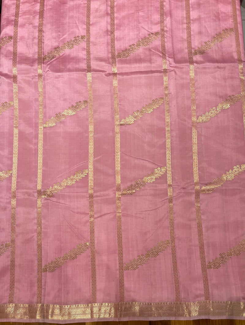 Handloom Kadhua Banarasi Silk Saree Floral Stripe - Pastel Pink