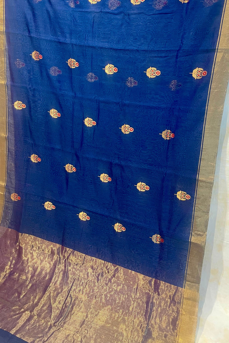 Handloom Silk Cotton Chanderi Saree - Sunflower Buta With Red Mina - Midnight Blue