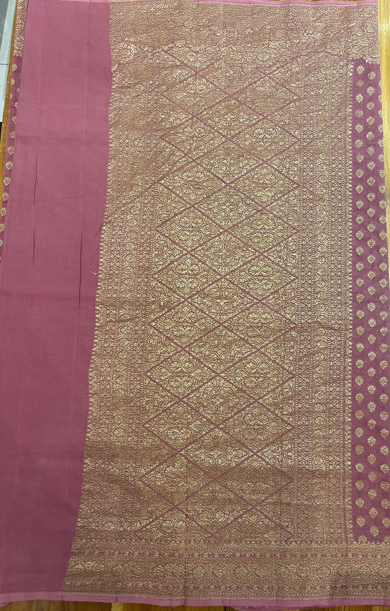 Handloom Fekua Banarasi Khaddi Georgette Silk Saree - Butidar - Old Rose Pink