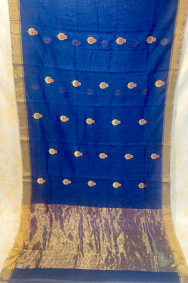 Handloom Silk Cotton Chanderi Saree - Sunflower Buta With Red Mina - Midnight Blue