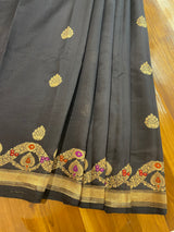 Handloom Kadhua Banarasi Silk Saree - Scallop Border Minedar - Black