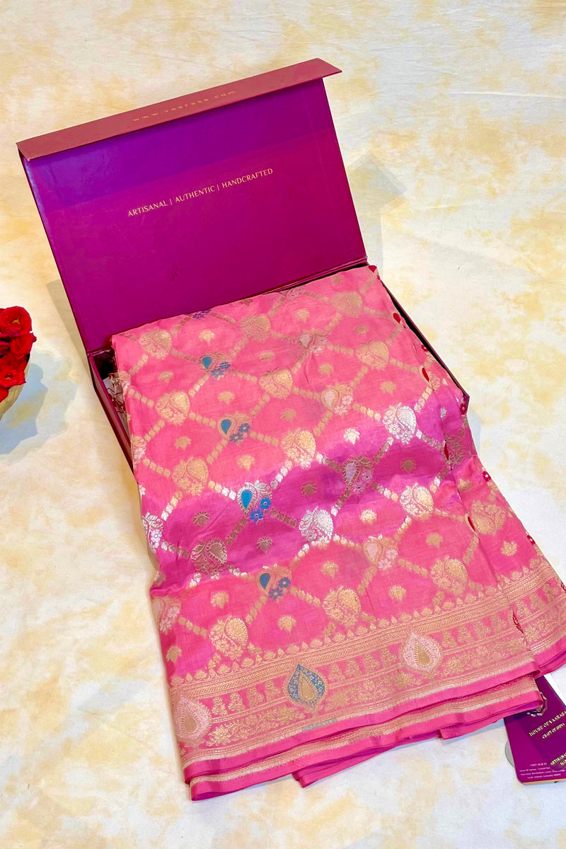 Handloom Kadhua Banarasi Silk Saree - Jaal Minedar - Aboli Pink