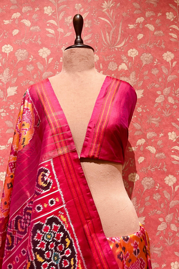 Handloom Ikat Silk Saree- Yellow Pink FIsh Motif