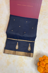 HOV Handloom Chanderi Silk Saree - Border Paisley Buta - Dark Blue - 54-03-04
