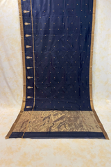 HOV Handloom Chanderi Silk Saree - Border Paisley Buta - Dark Blue - 54-03-04