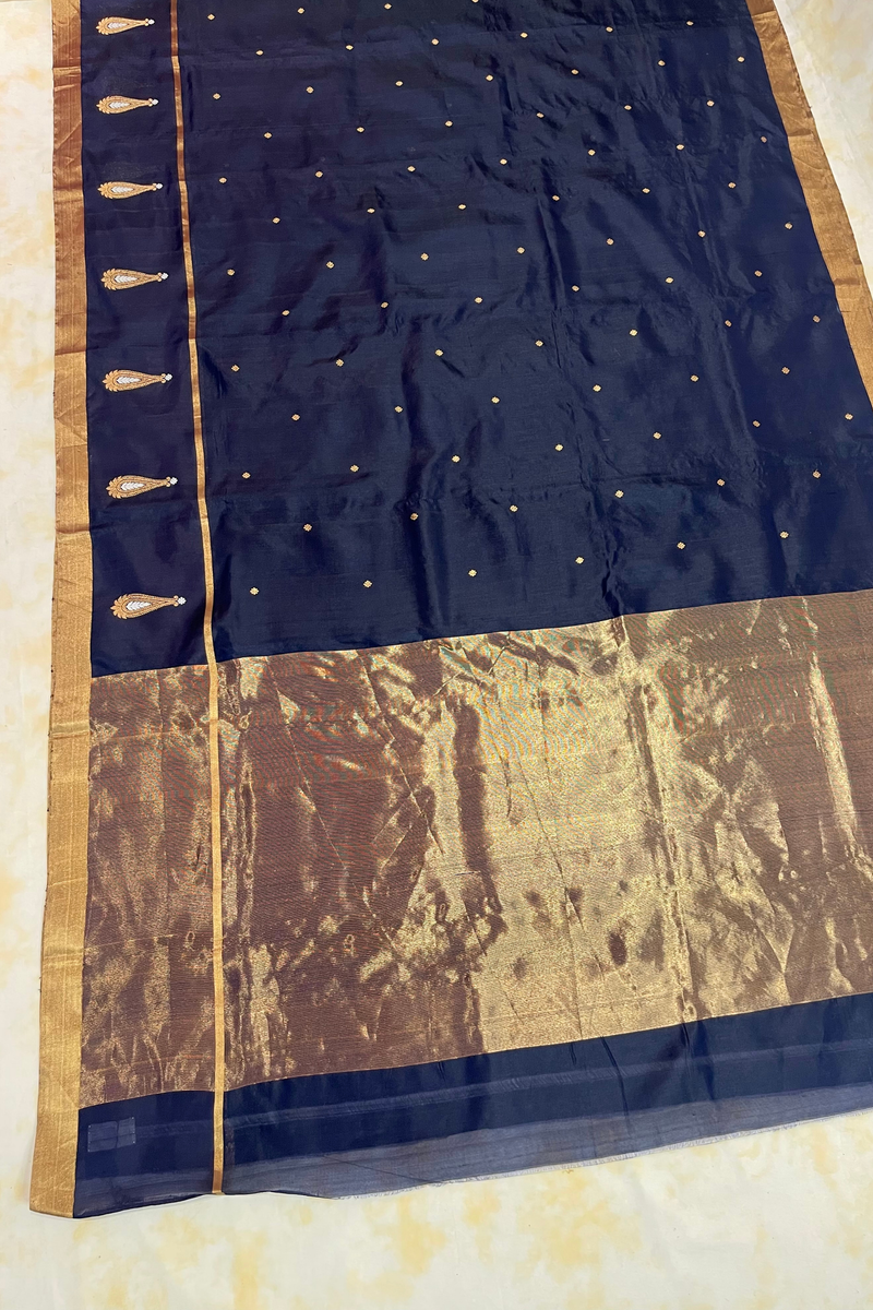 HOV Handloom Chanderi Silk Saree - Border Paisley Buta - Dark Blue - 54-03-04