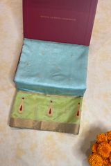 HOV Handloom Chanderi Silk Saree - Border Paisley Buta - Sky Blue - 54-01